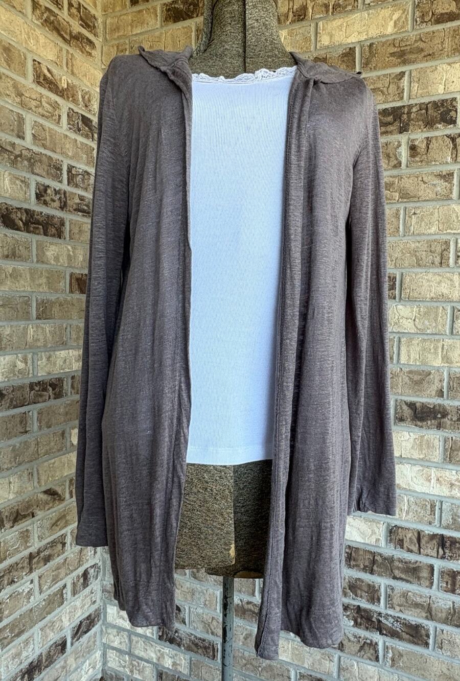Tahari 100% Linen HoodieCardigan Sweater Duster Gray MED Lagenlook Cottagecore